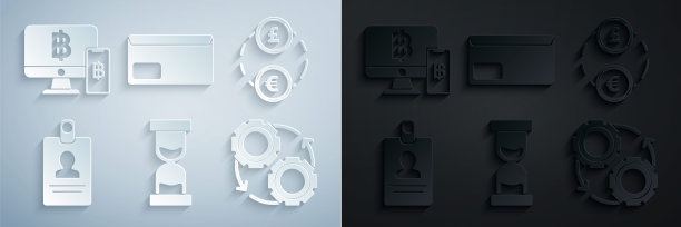 集旧沙漏与流动的沙子，货币兑换，身份徽章，齿轮箭头工作流程的概念，信封和电脑显示器手机比特币图标。向量图片下载