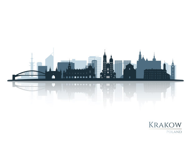 克拉科夫天际线的轮廓与反射。克拉科夫景观，波兰。矢量插图。图片下载