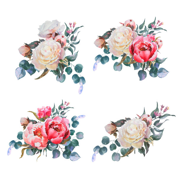 套白色和粉红色的牡丹，绿色的叶子，桉树树枝。花束完美的印刷设计上的邀请，卡片。水彩花卉插图孤立的白色背景图片下载