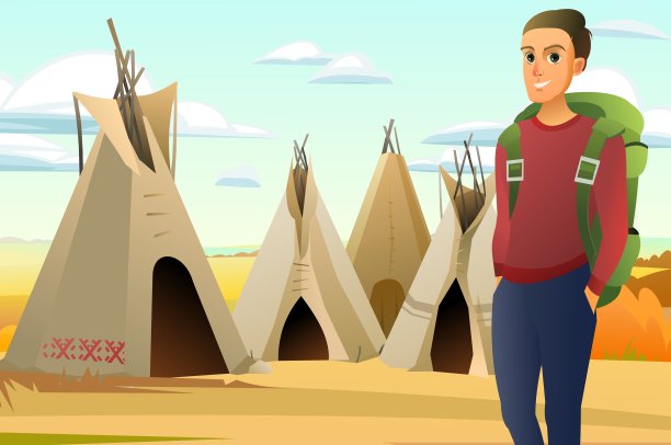 一名男孩在印度村庄附近的传统民居蒙古包附近旅游。游客徒步探险之旅。有趣的卡通风格。向量图片下载