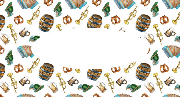 木桶框架，一品脱啤酒，德国帽子，手风琴水彩插图孤立在白色。椒盐卷饼，麦穗，小号手绘。设计啤酒节，酿造，菜单，标牌，标签图片下载