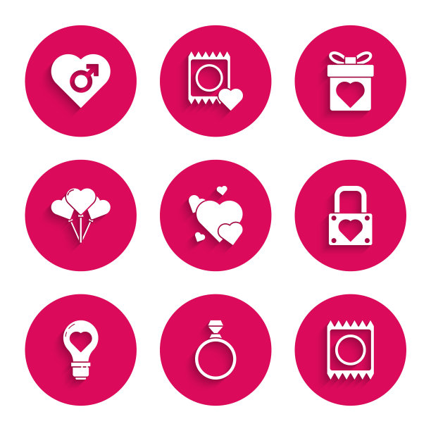 集心，钻石订婚戒指，避孕套包装，锁和心，形状的灯泡，气球形式，礼品盒与男性性别图标。向量图片下载