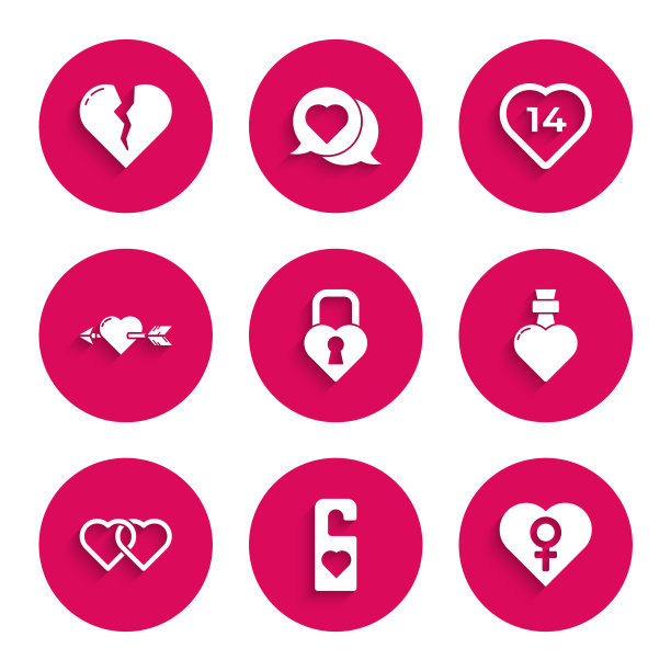 设置城堡在一个心脏的形状，请不要打扰，心脏女性的性别，瓶子爱情药水，两颗相连的心，爱情和箭，和破碎或离婚图标。向量图片下载