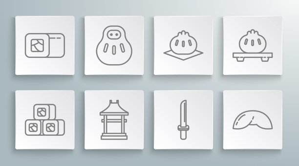 套餐:寿司，千木猫，日本门，日本武士刀，中国幸运饼干，切板上的金卡利，饺子和图标。向量图片下载