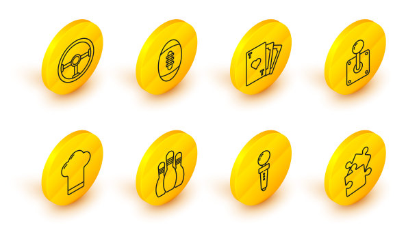 设线拼图片，摇杆为街机，保龄球瓶，厨师帽，扑克牌与心脏符号，美式足球和方向盘图标。向量图片下载