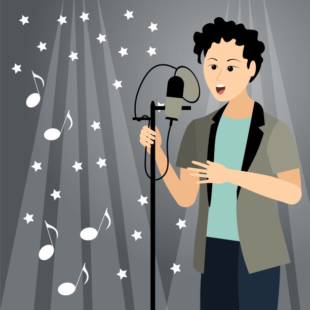 音乐演唱会。一个卷发男子在灰色的背景上唱歌，背景上有聚光灯、星星和音符。图片下载