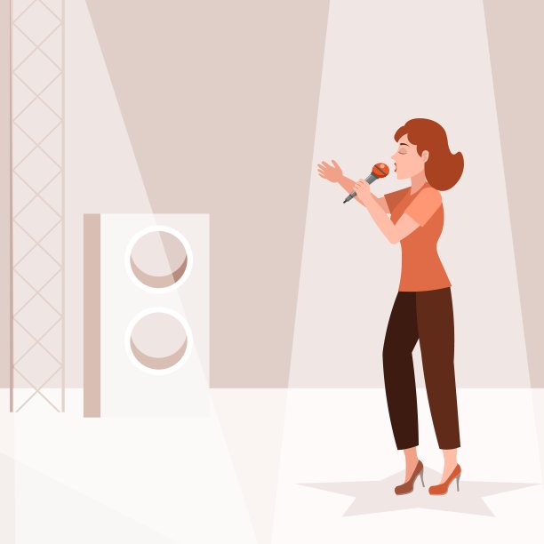 音乐演唱会。一个女人站在一颗星星上，在棕色的舞台上唱歌。矢量图图片下载