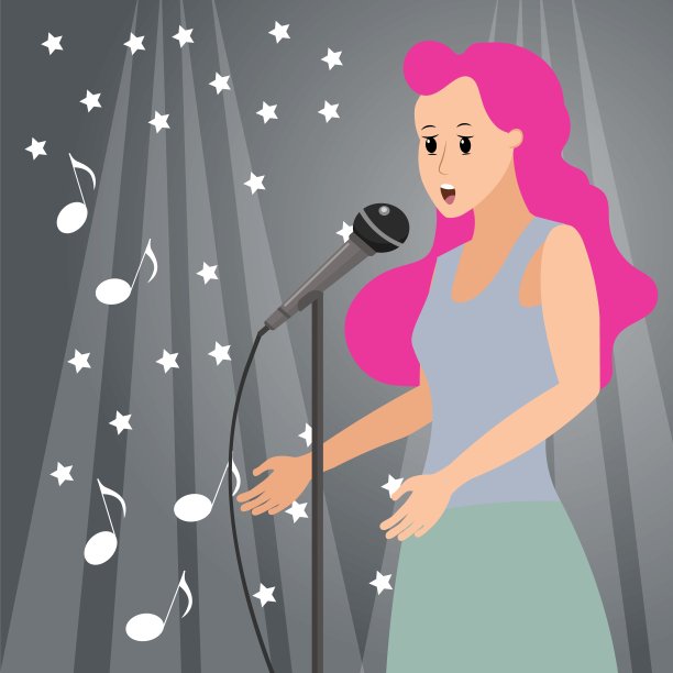 音乐演唱会。一个留着粉红色长发的女孩在有聚光灯、星星和音符的灰色背景上唱歌。图片下载