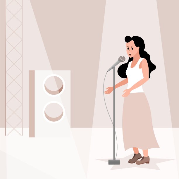 音乐演唱会。一个可爱的长发女孩站在一颗星星上，在一个棕色的舞台上唱歌。图片下载