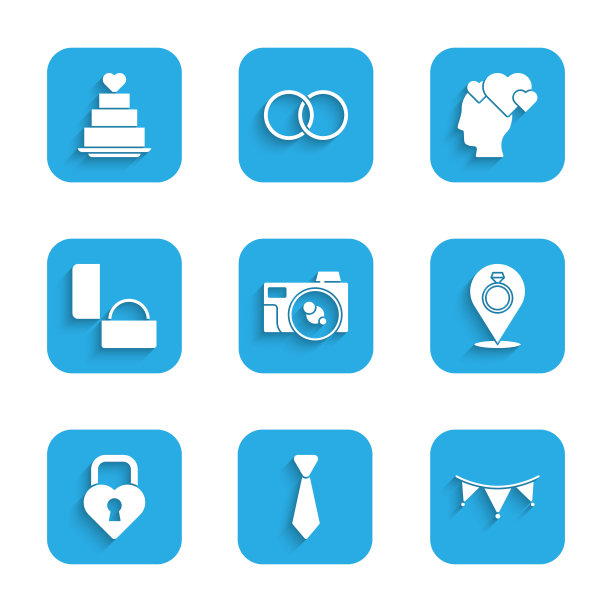 集相机，领带，嘉年华花环与旗帜，结婚戒指，城堡的形状的心，钻石订婚，头和蛋糕图标。向量图片下载