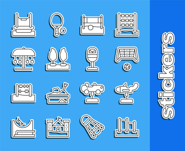 设置线单杠，摆动平面，足球目标与球，排球网，森林，吸引旋转木马，蹦极和垃圾桶图标。向量图片下载