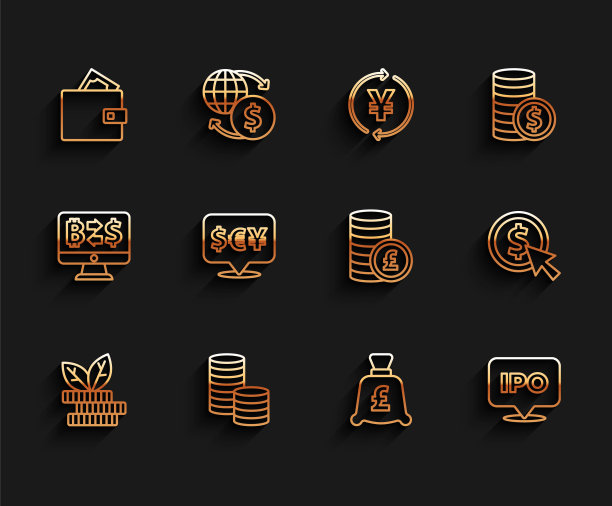 设线美元工厂，硬币钱与美元，钱包，英镑，IPO，货币兑换，和图标。向量图片下载