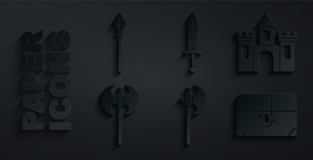 集中世纪的斧头，城堡，堡垒，古董宝箱，剑和矛的图标。向量图片下载