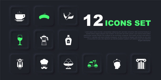 集法国人，古柱，咖啡机摩卡壶，摩托车，葡萄酒杯，意大利厨师，贝雷帽和冰淇淋的碗图标。向量图片下载