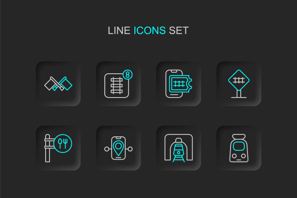设置线路火车和铁路，隧道，路线位置，咖啡馆餐厅，铁路过境，在线订票，和国旗图标。向量图片下载
