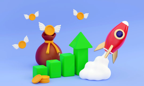 三维飞行空间火箭与硬币翼，交易图表和钱袋图片下载