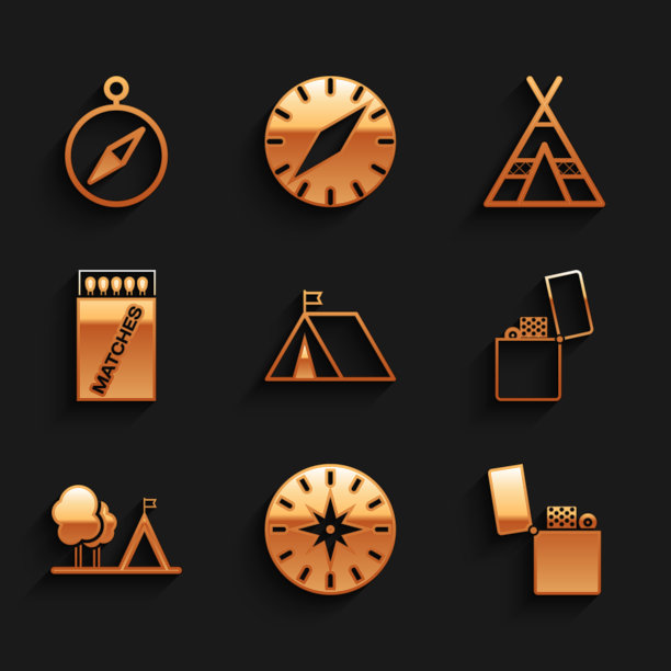 设置旅游帐篷与旗帜，指南针，打火机，打开火柴盒和火柴，和图标。向量图片下载