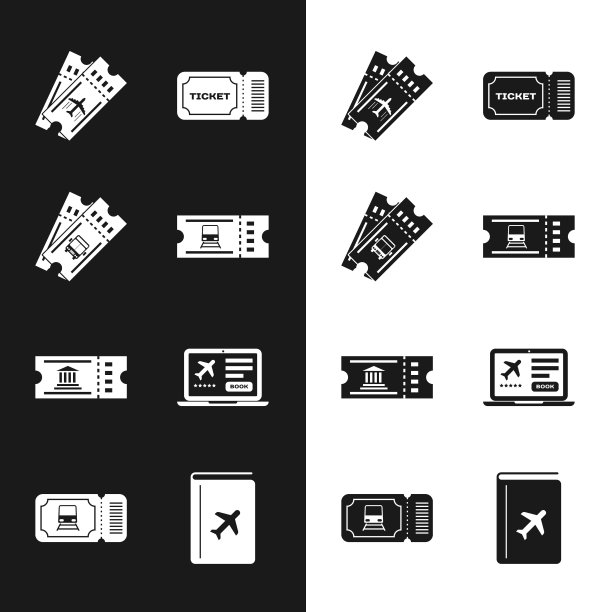集火车票，公共汽车，航空公司，机票，博物馆，笔记本电脑，封面书旅游指南和图标。向量图片下载