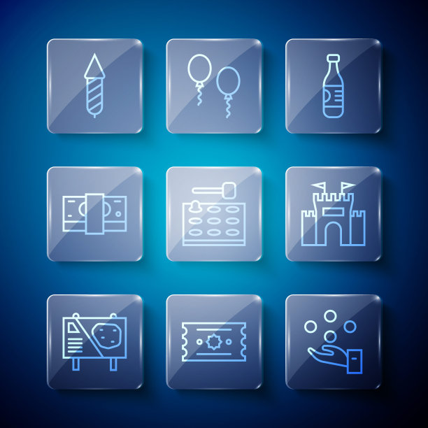 设线游乐园广告牌，门票，杂耍球，瓶装水，街机游戏机，堆栈纸币现金，烟花火箭和城堡图标。向量图片下载