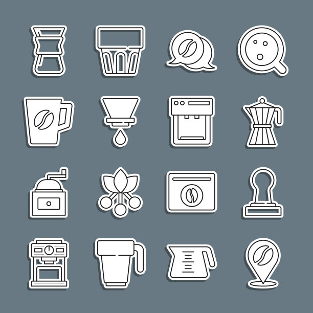 设置线位置与咖啡豆，咖啡篡改，摩卡壶，和对话，V60 maker，杯子，倒在和机器图标。向量图片下载