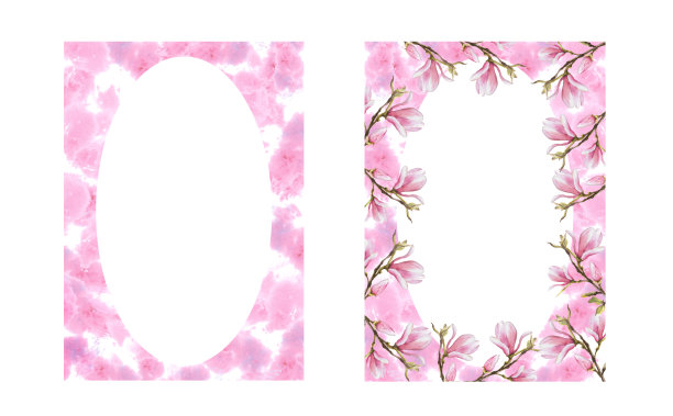 花框架集水彩木兰花，枝芽与粉红色的污渍手绘插图图片下载