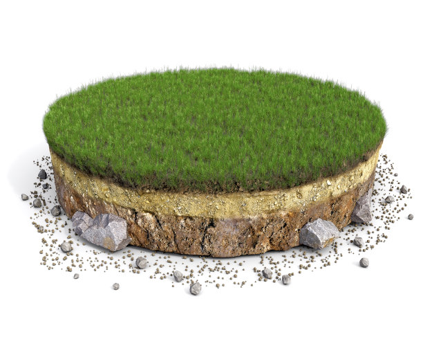 一块地面与土壤层，草，沙和石头，孤立的白色背景，3d插图图片下载