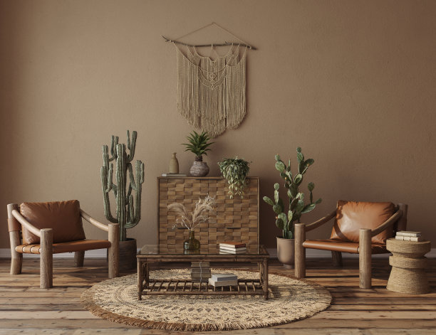 室内设计在瓦比萨比风格的棕色粘土墙背景，3d渲染图片下载