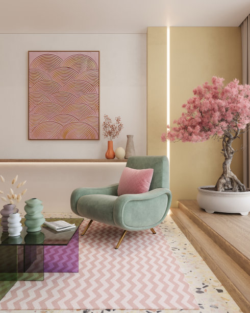 色彩缤纷，充满活力的室内设计客厅装饰舒适的家具和美丽的装饰，3d渲染图片下载