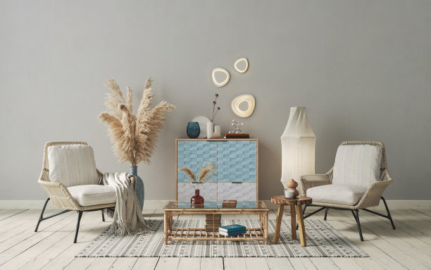 极简主义的室内设计，柳条扶手椅和质朴的装饰。客厅模型，3d渲染图片下载