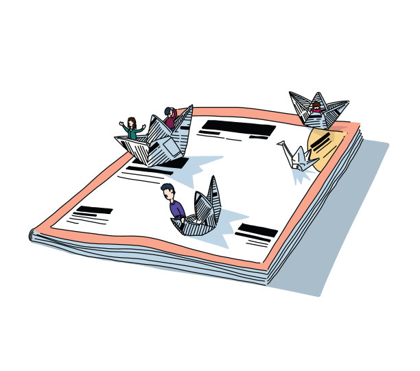 读者们在阅读新闻和故事的时候逃进杂志，平静地在杂志封面上航行。图片下载