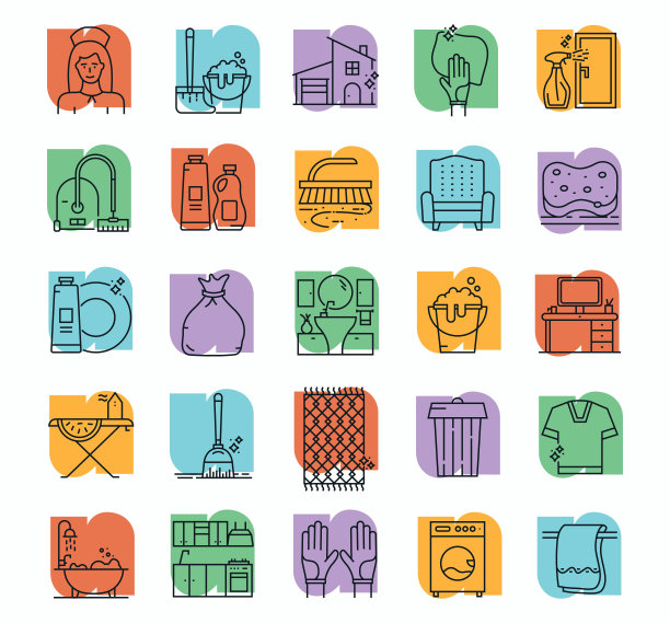 清洁线条图标可编辑笔画。采购产品清洁器，桶，擦，清洁用品，洗涤，橡胶手套图片下载