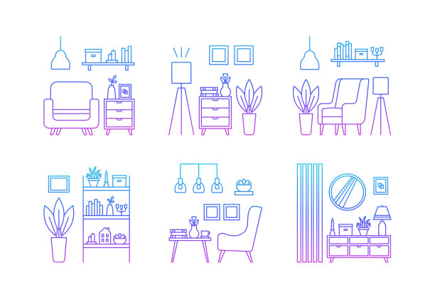 设置图标，室内设计概念。客厅内部。梯度。矢量线插图在白色的背景图片下载