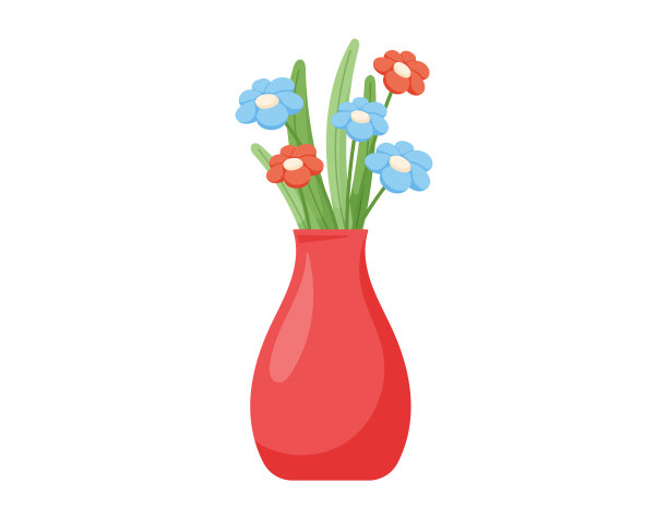 矢量孤立的卡通红色装饰花瓶盛开的花束。图片下载