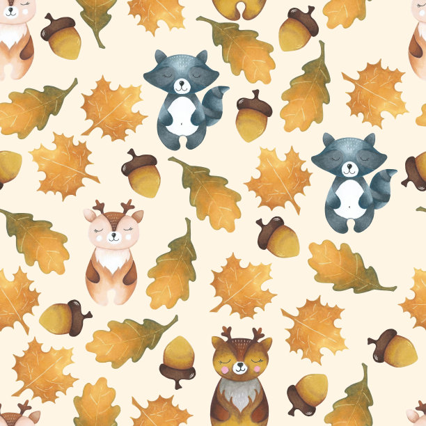 矢量图案与绘制的动物和树叶图片下载