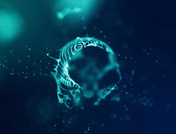 抽象蓝色三维照明扭曲网格球。优雅的抽象被破坏的球体。大数据可视化图片下载