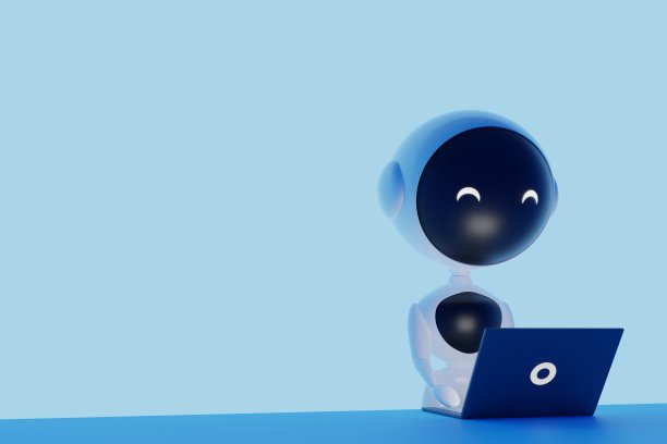 黑白圆形机器人在笔记本电脑上工作，蓝色拷贝空间背景3d插图图片下载