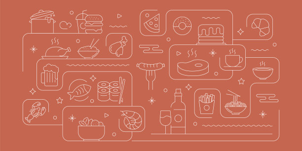 食品和饮料相关矢量横幅设计概念，现代线条风格与图标图片下载