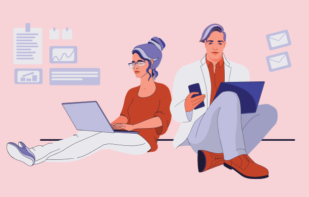 年轻的男女坐在一起，学习和交流。向量。图片下载