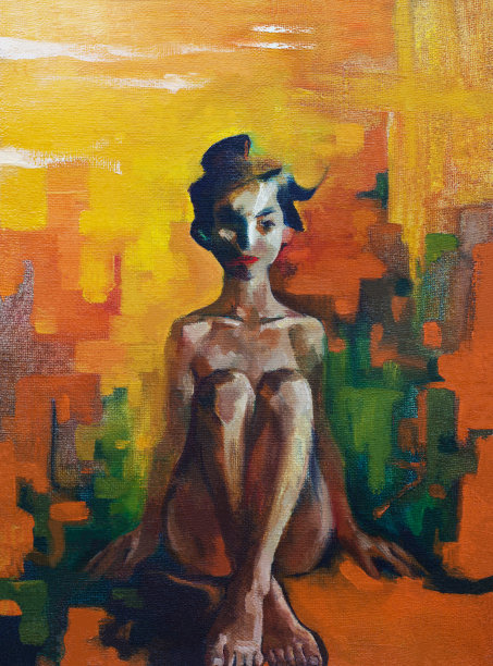 时尚的插画现代艺术作品我的原始油画在画布上印象派垂直春天阳光装饰肖像人物坐在一个温柔美丽的女孩长头发和一个东方风格的头发图片下载