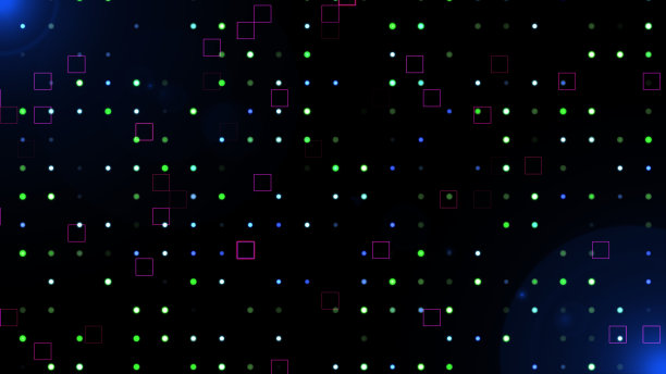 随机移动的正方形和圆点背景与光泄漏。数码高科技点方粒子。科幻片、动漫、动画片。运动图形。几何bg。图片下载