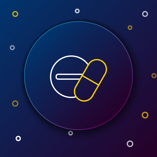 线药物药丸或片剂图标隔离在蓝色背景。胶囊、药丸和药物标志。药店的设计。色彩缤纷的轮廓概念。向量图片下载