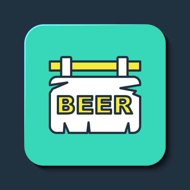 填充轮廓街招牌与铭文啤酒图标隔离在蓝色背景。适用于酒吧、咖啡厅、酒吧、餐厅的广告。绿松石方形纽扣。向量图片下载