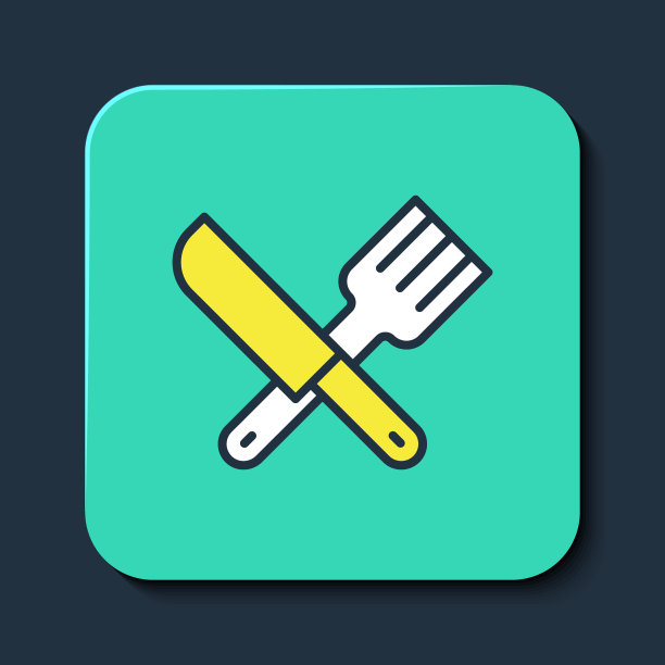 填充轮廓交叉刀和叉图标孤立的蓝色背景。餐具的象征。绿松石方形纽扣。向量图片下载