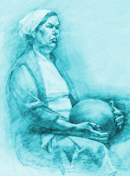 插图铅笔画的形象的女人在白色披肩上她的头在铅笔阴影纸的背景疲劳寓言的艺术印象主义工作图片下载