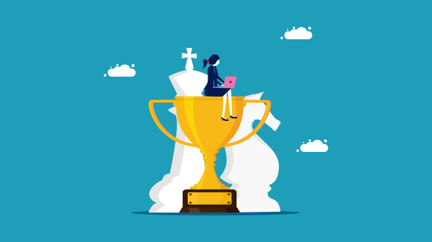 工作奖杯的概念。工作在奖杯上的女商人。业务概念向量图片下载