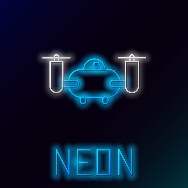 发光的霓虹灯线无人机飞行与动作摄像机图标孤立的黑色背景。带有视频和照相机符号的四轴飞行器。色彩缤纷的轮廓概念。向量图片下载