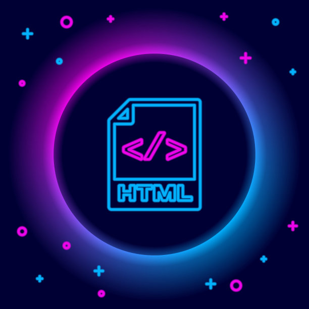 发光的霓虹行HTML文件文档。下载html按钮图标孤立的黑色背景。HTML文件符号。标记语言符号。色彩缤纷的轮廓概念。向量图片下载