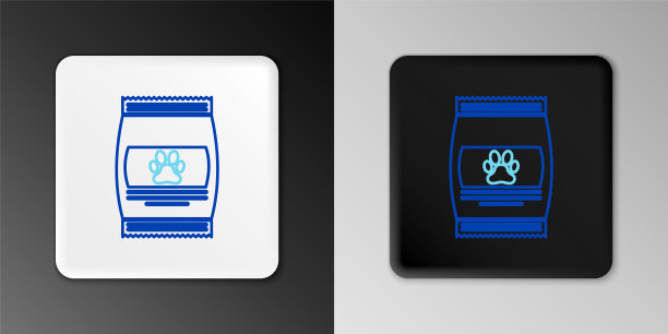 食品袋的宠物图标隔离在灰色背景。动物的食物。宠物食品包装。狗或猫的爪印。色彩缤纷的轮廓概念。向量图片下载