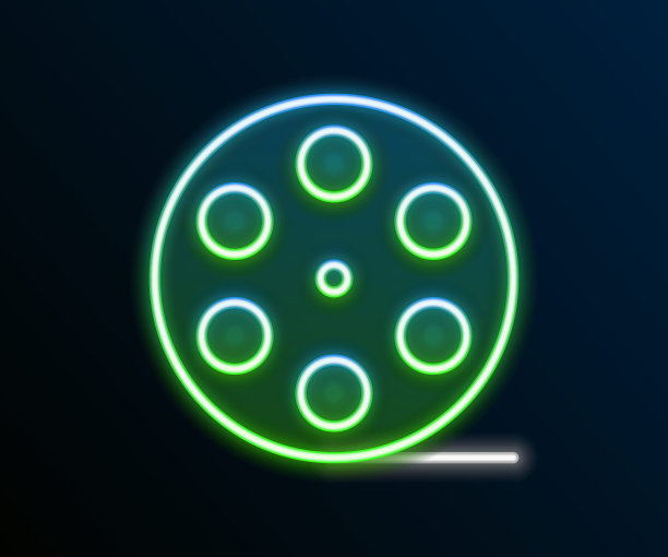 发光的霓虹灯线电影卷轴图标孤立的黑色背景。色彩缤纷的轮廓概念。向量图片下载