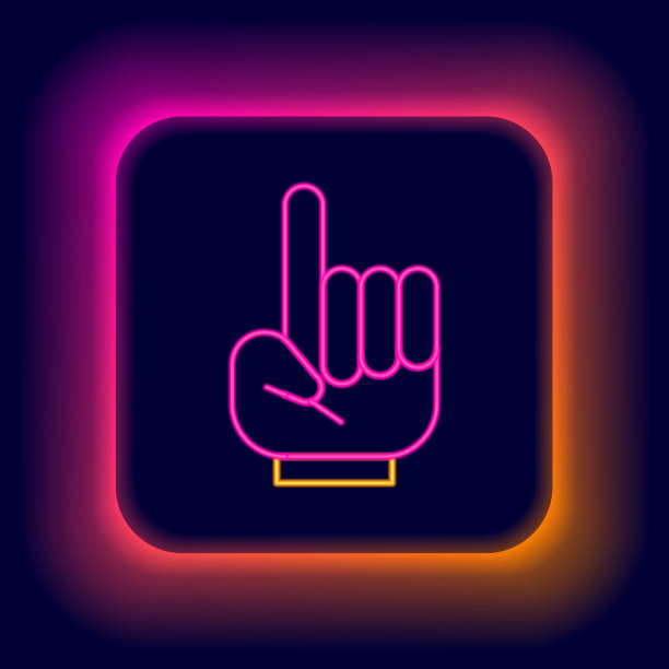 发光的霓虹灯线1号风扇手手套与手指上升图标孤立的黑色背景。象征着比赛中的团队支持。色彩缤纷的轮廓概念。向量图片下载